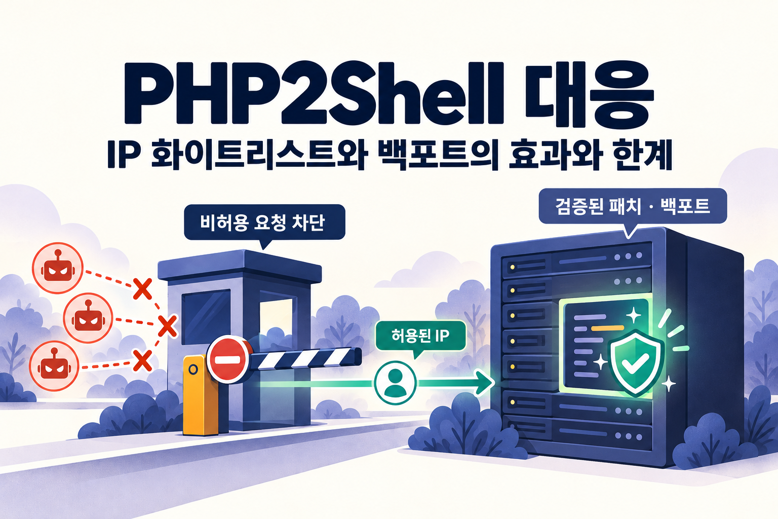 IP 화이트리스트가 외부 봇의 비허용 요청을 차단하고 허용된 IP의 요청은 검증된 패치·백포트를 적용한 서버로 전달되는 그림.